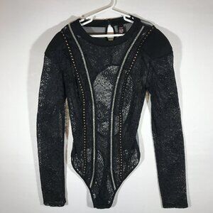 Victoria's Secret Women's Medium Black Lace Thong Long Sleeve Shoulder Bodysuit